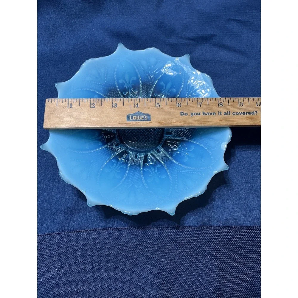 Vintage Blue Opalescent Glass Candy Serving Dish Fleur-de-lis Design - Picture 2 of 10